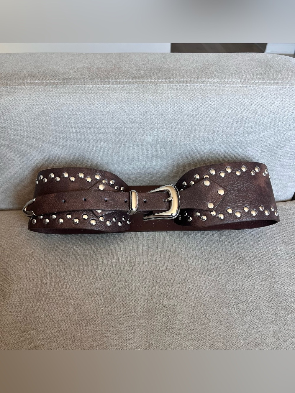 Brown Studded Faux Leather Waist Belt with Silver Buckle